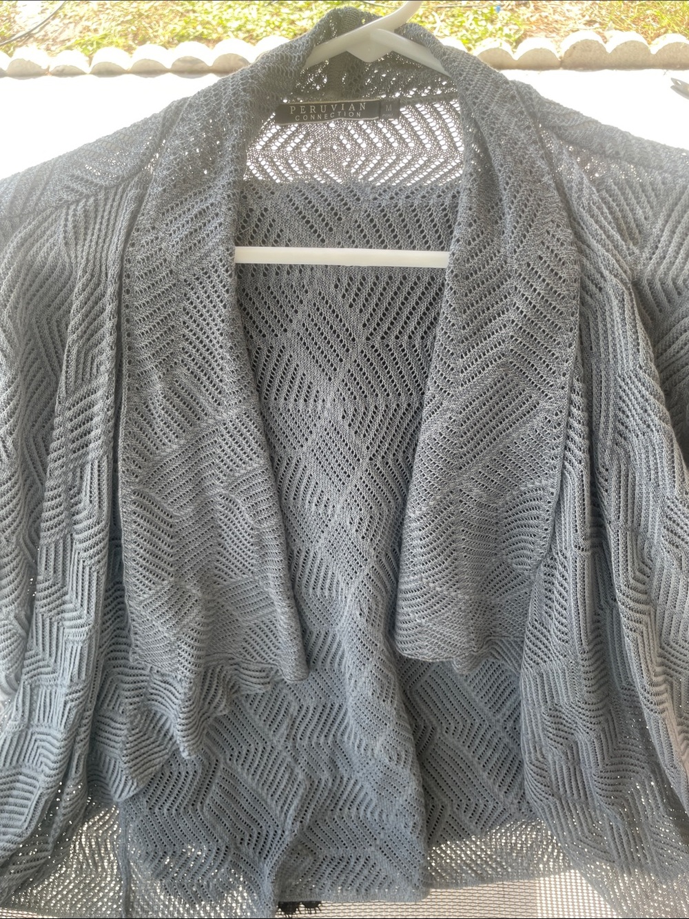 Peruvian Connection Gray Open-Knit Shawl Collar Cardigan